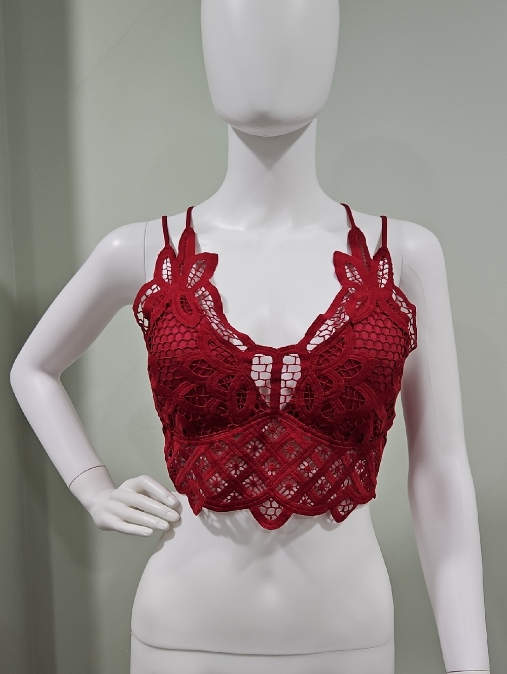2 Women's Lace Wireless Bras Criss Cross Padded Longline Bralette - Red/White